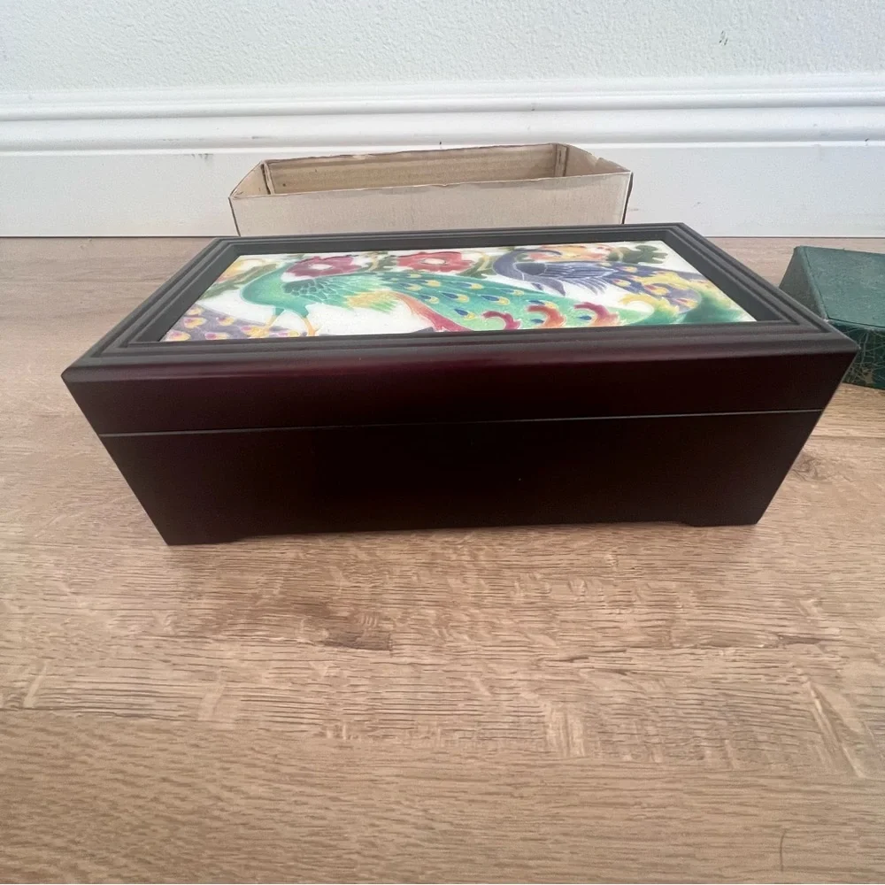 1970s‎ Sankyo Orgel Japan Wood Music Jewelry Box Bouquet Enamel Peacocks Vtg NIB